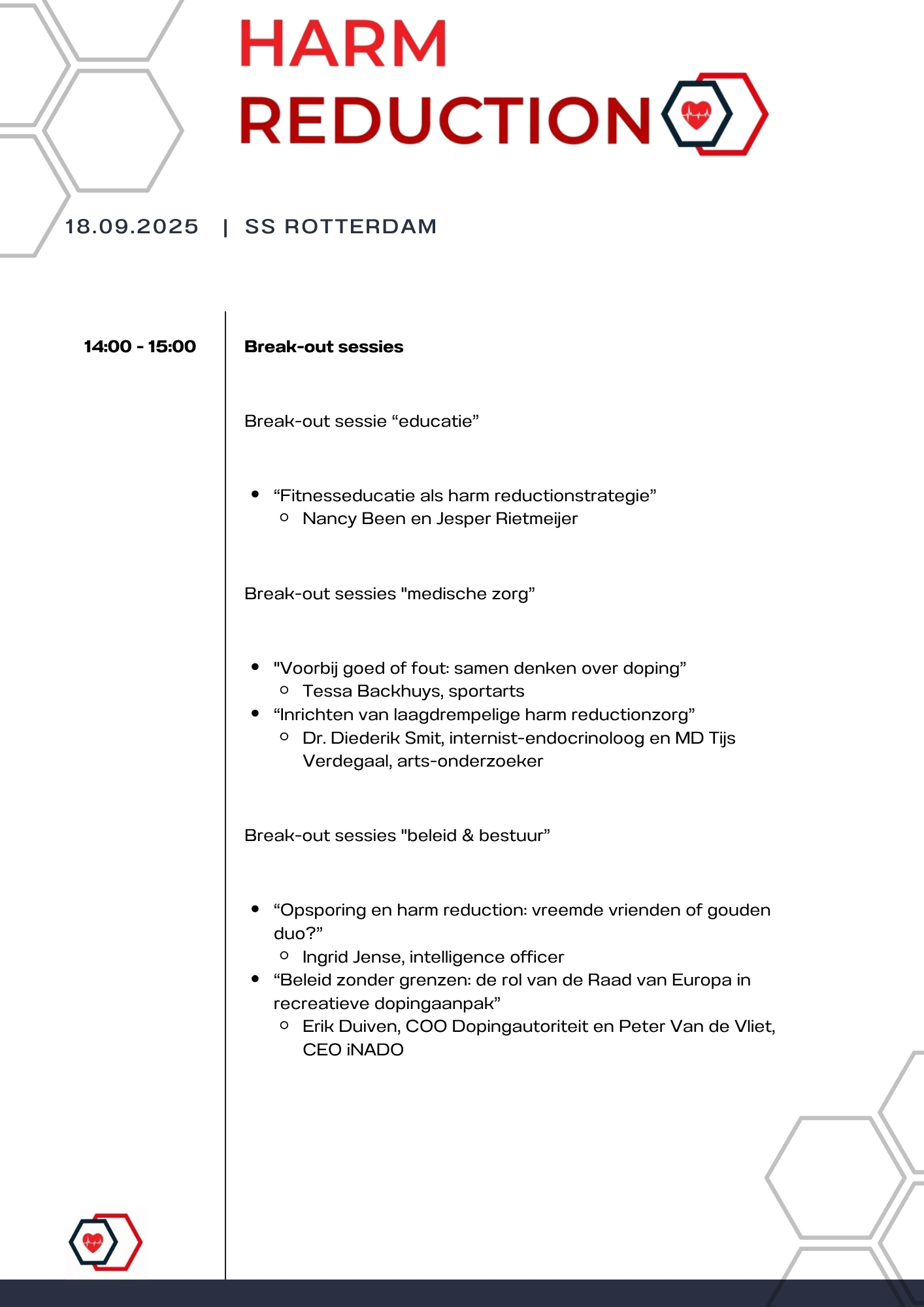 Programma break-out sessies Harm Reductiondag
